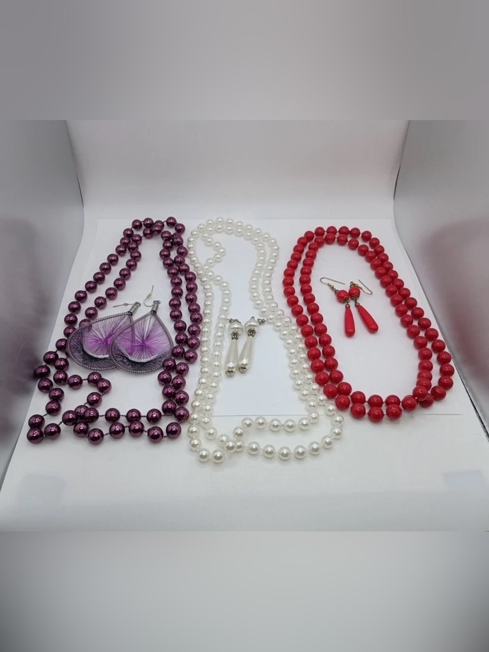 lot of 3 Necklace Earring Sets Faux Pearls Red, Purple, White, 9 Pieces VTG